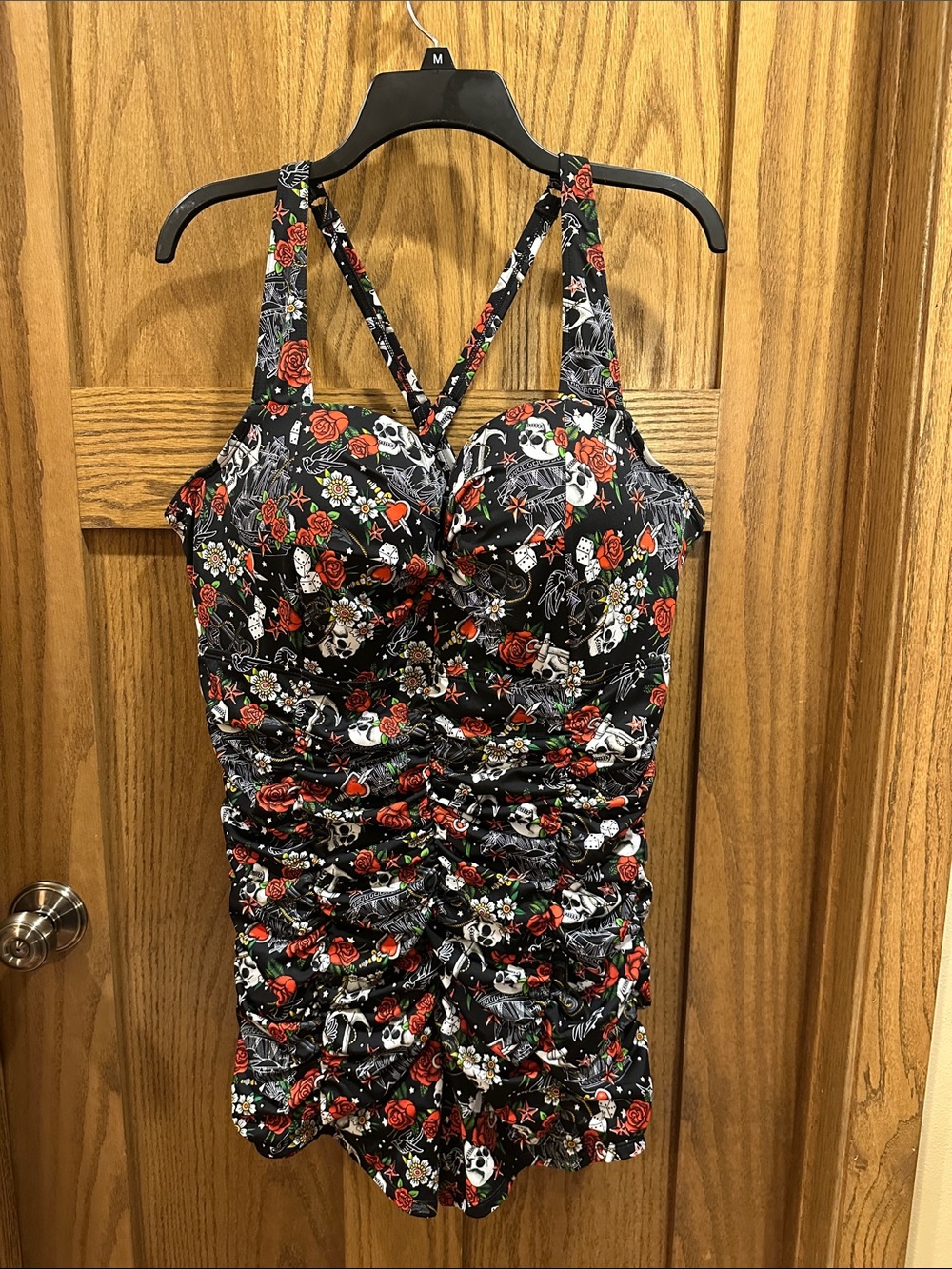 Torrid Tattoo Print Ruched One Piece Swimsuit Skulls Roses Black Size 3 DD/F
